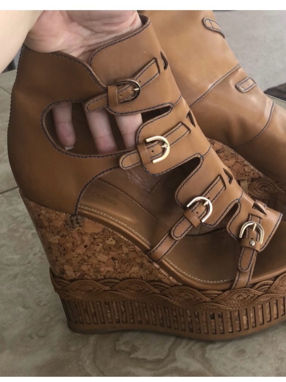 Sergio Rossi Tan Leather Cork Wedge Ankle Boot